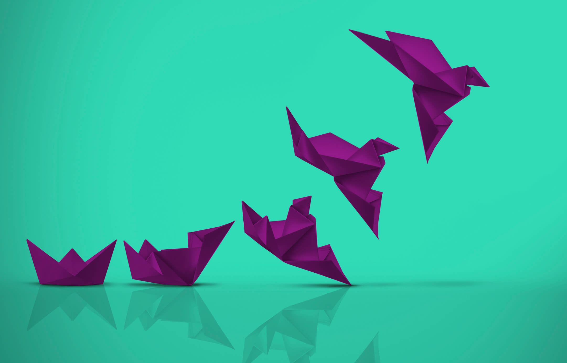 Purple paper birds on green background