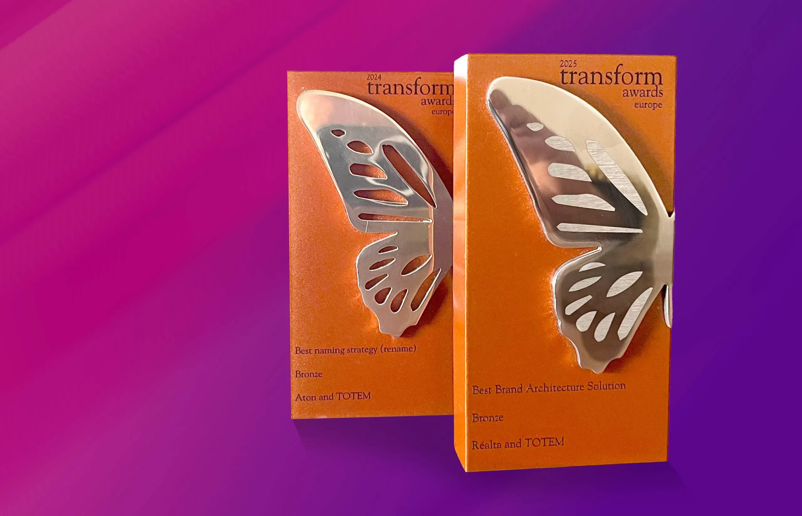 Transform Awards trophies on a purple background